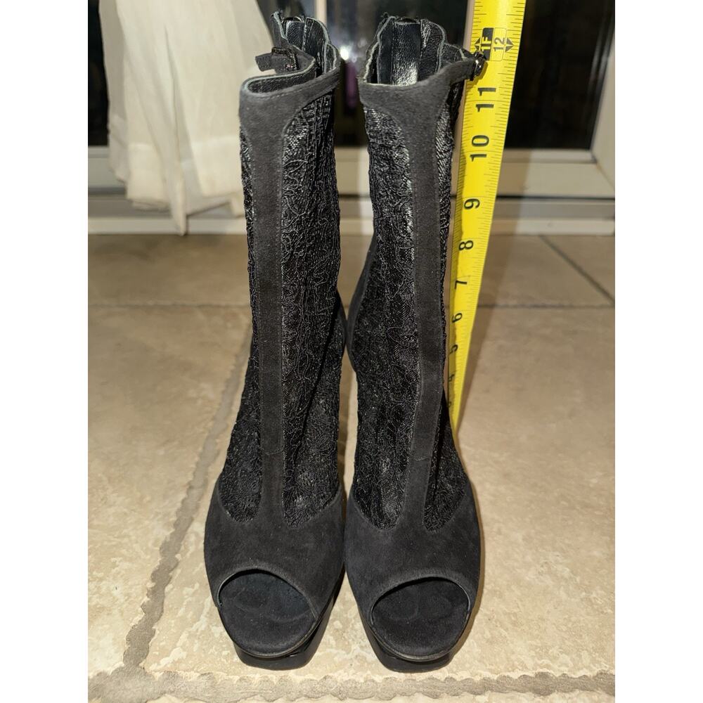 Nando Muzi Black Suede Lace Bootis Boots Open Toe Shoes Size 37.5 Used